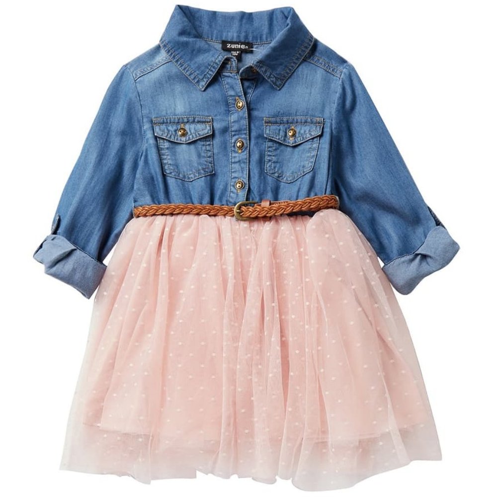 Zunie Denim Roll Tab Long Sleeve Swiss Dot Dress